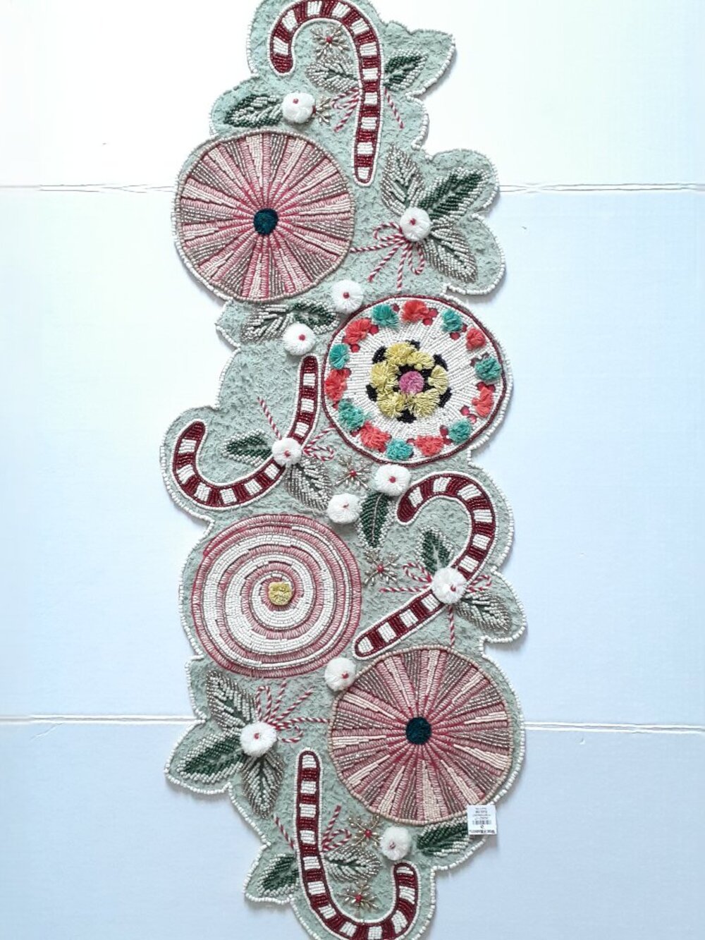 NWT World Market Light Blue And Red Sweet Candy Cane Beaded Table Runner
